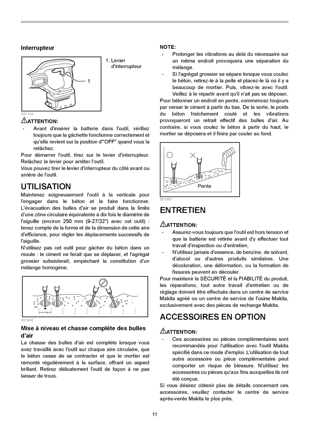 Makita XRV02Z Utilisation, Accessoires EN Option, Interrupteur, Mise à niveau et chasse complète des bulles dair 