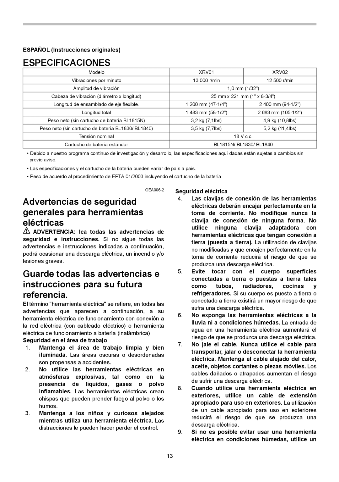 Makita XRV02Z instruction manual Especificaciones, Español Instrucciones originales 