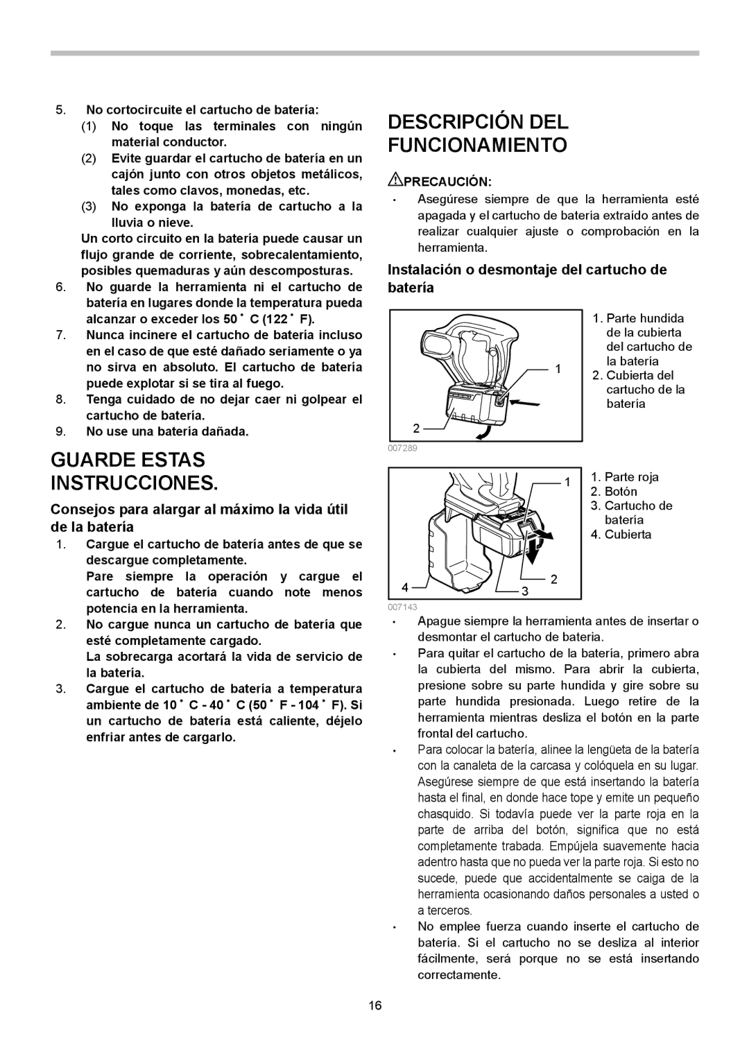 Makita XRV02Z instruction manual Descripción DEL Funcionamiento, Instalación o desmontaje del cartucho de batería 