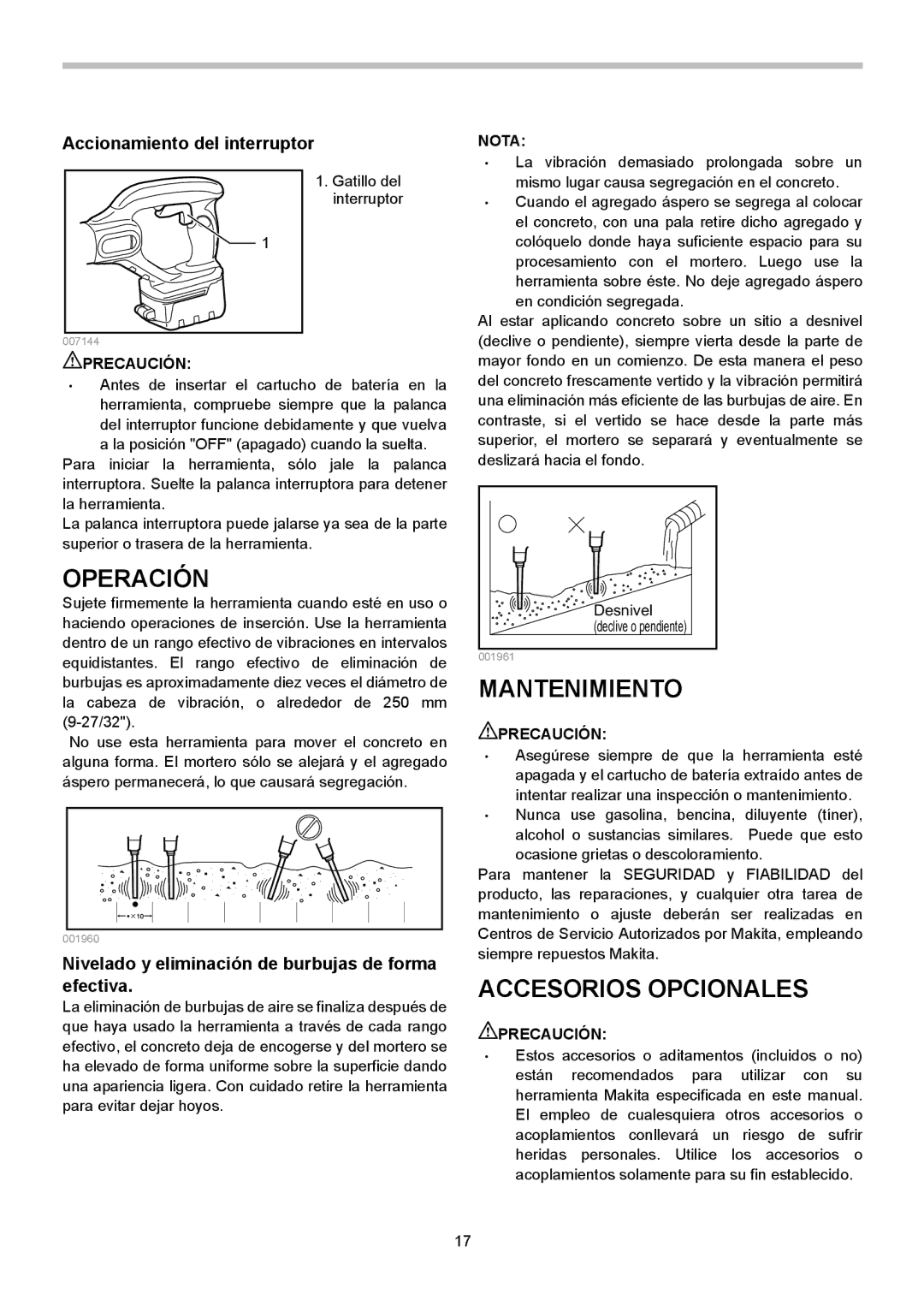 Makita XRV02Z instruction manual Operación, Accesorios Opcionales, Accionamiento del interruptor 