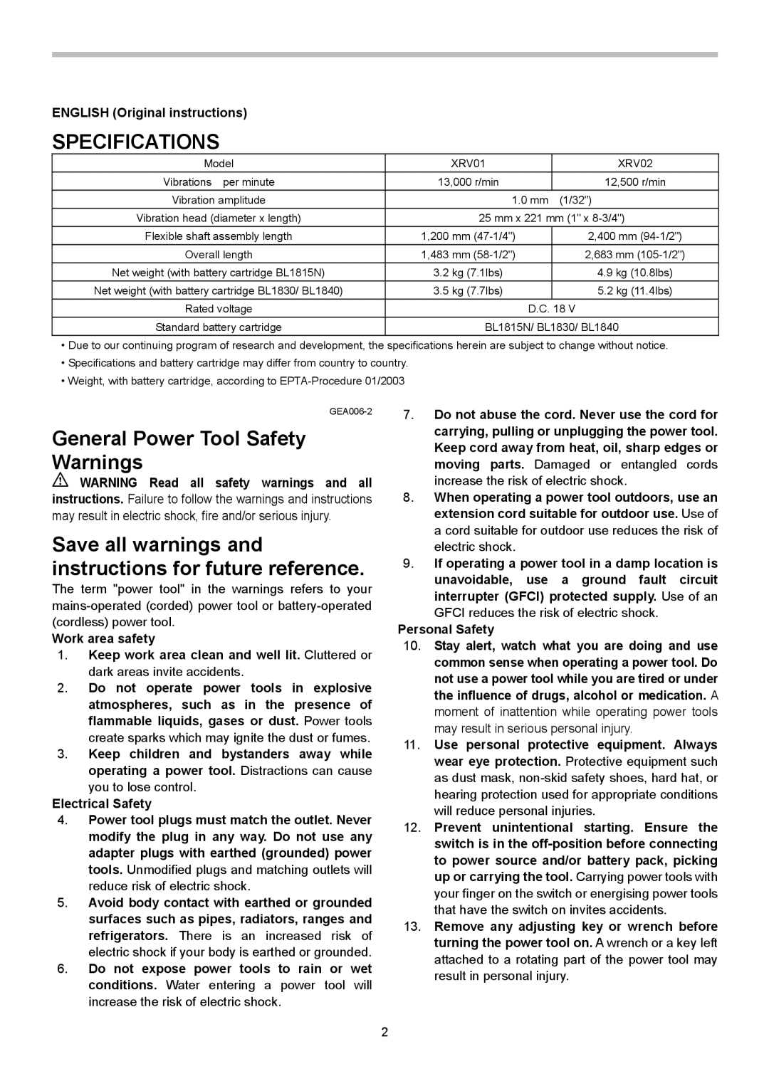 Makita XRV02Z instruction manual Specifications, General Power Tool Safety Warnings, English Original instructions 