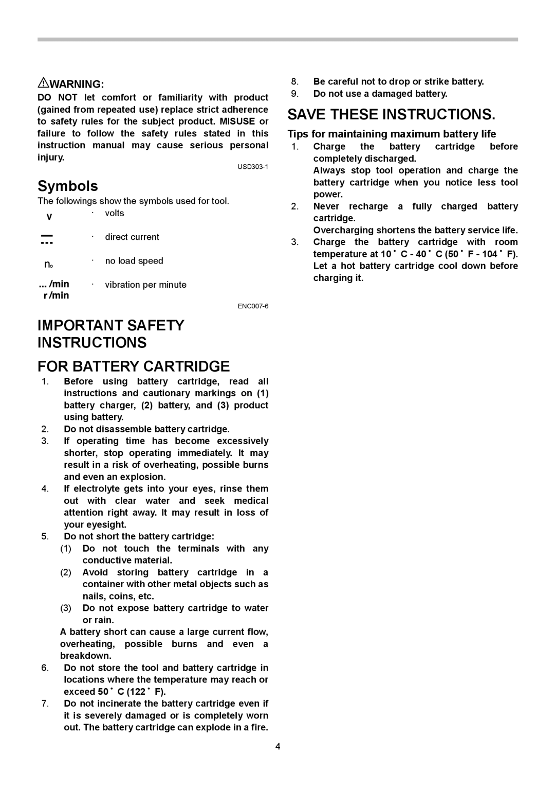 Makita XRV02Z Symbols, Important Safety Instructions For Battery Cartridge, Tips for maintaining maximum battery life 