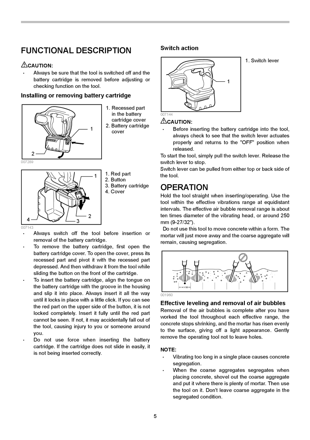 Makita XRV02Z Functional Description, Operation, Installing or removing battery cartridge Switch action 