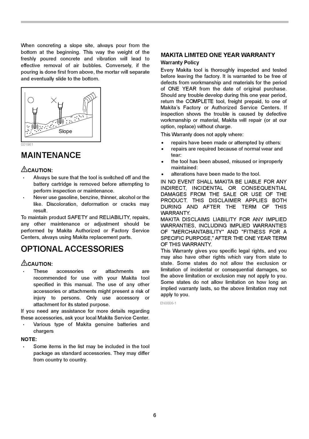 Makita XRV02Z instruction manual Optional Accessories, Makita Limited ONE Year Warranty, Warranty Policy 