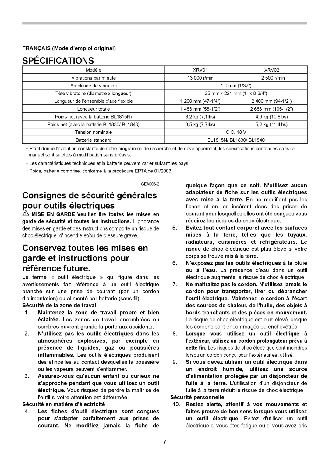 Makita XRV02Z instruction manual Spécifications, Français Mode d’emploi original 