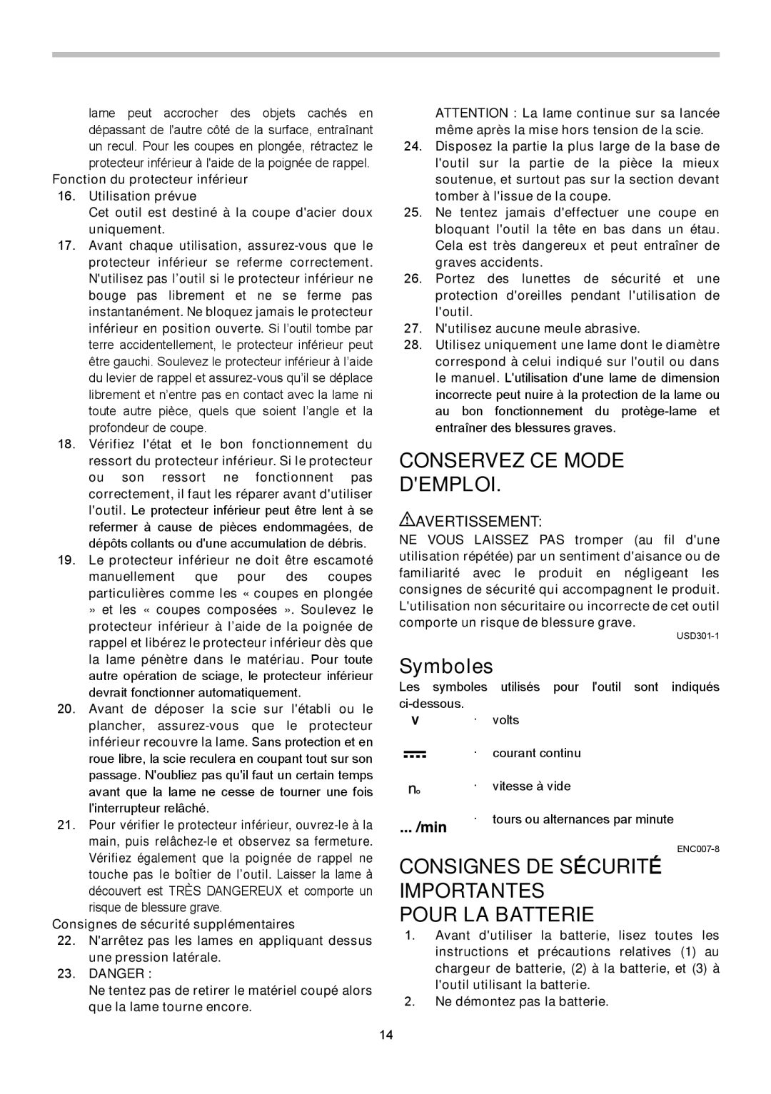 Makita XSC01Z, XSC01M instruction manual Conservez CE Mode Demploi, Pour LA Batterie 