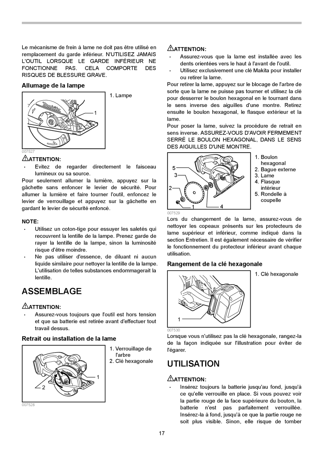 Makita XSC01M, XSC01Z instruction manual Assemblage, Utilisation, Allumage de la lampe, Rangement de la clé hexagonale 