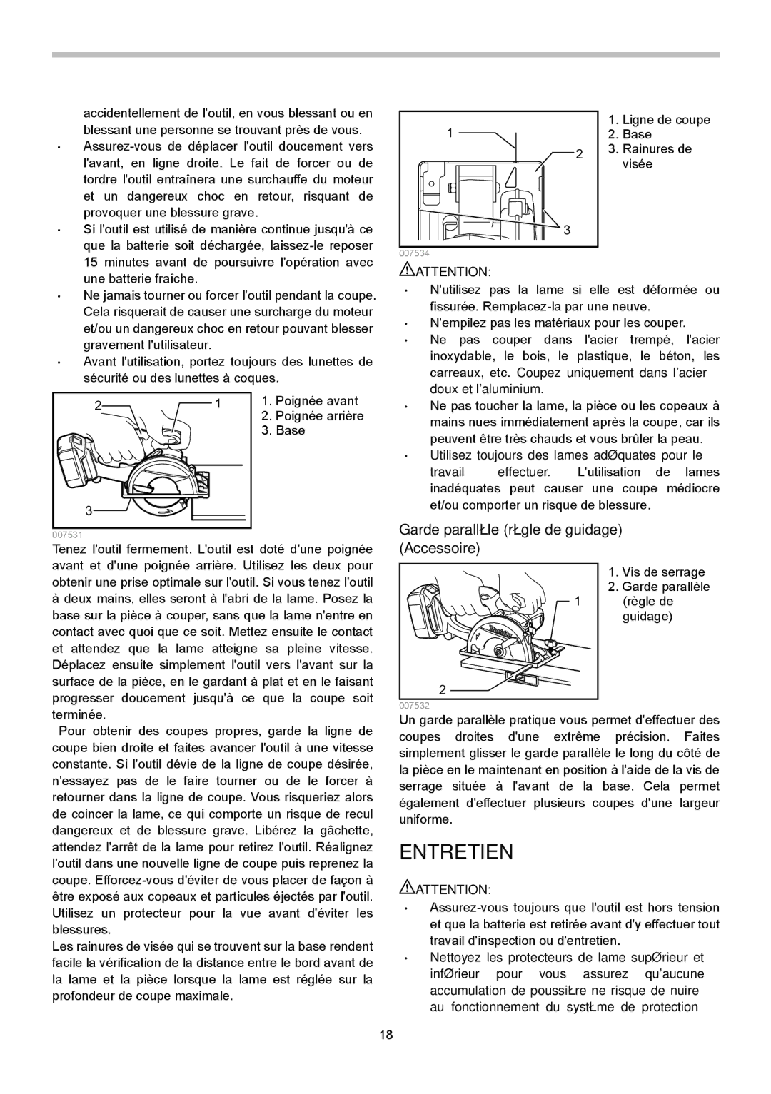 Makita XSC01Z, XSC01M instruction manual Entretien, Garde parallèle règle de guidage Accessoire 