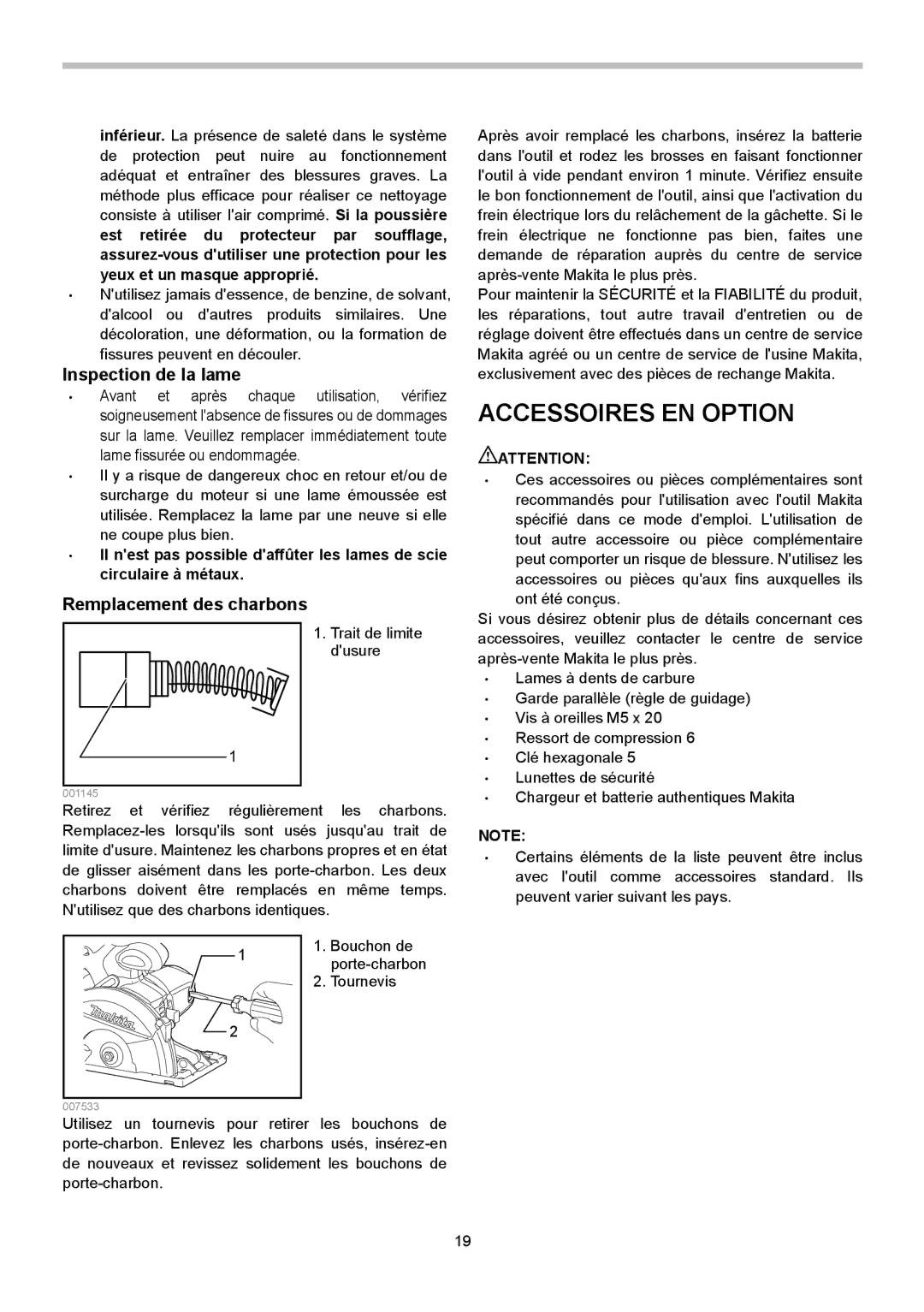 Makita XSC01M, XSC01Z Accessoires EN Option, Inspection de la lame, Remplacement des charbons, Trait de limite dusure 