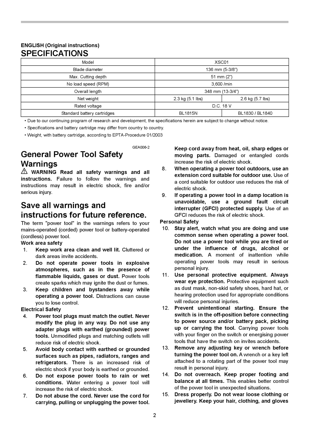 Makita XSC01Z, XSC01M instruction manual Specifications, English Original instructions 