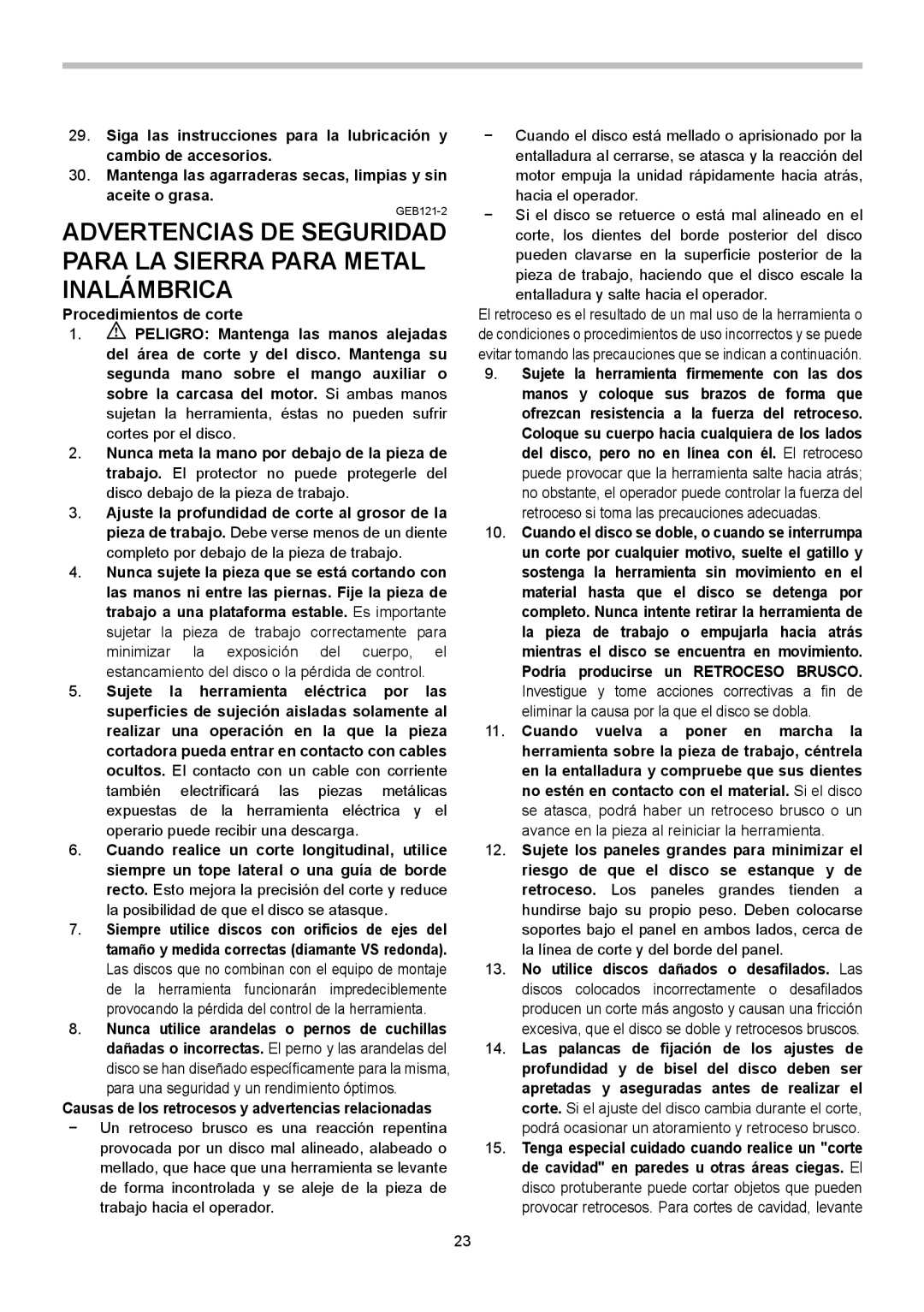 Makita XSC01M, XSC01Z instruction manual Causas de los retrocesos y advertencias relacionadas 