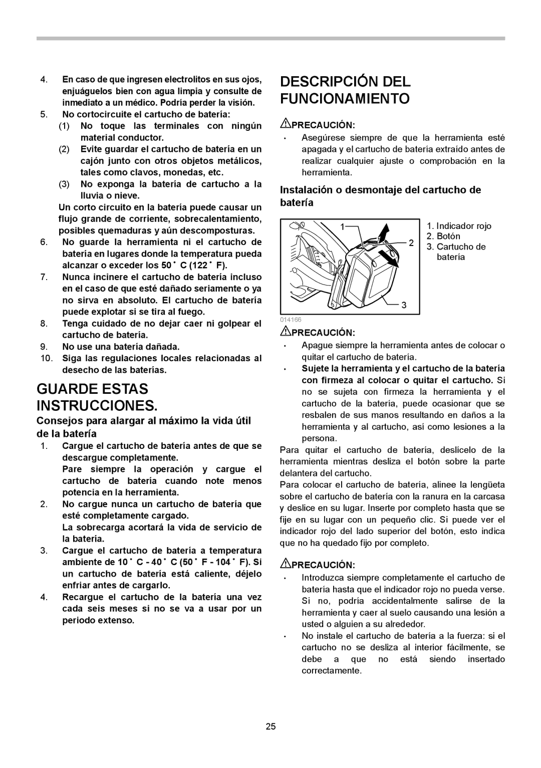 Makita XSC01M, XSC01Z Descripción DEL Funcionamiento, Instalación o desmontaje del cartucho de, Batería, Precaución 