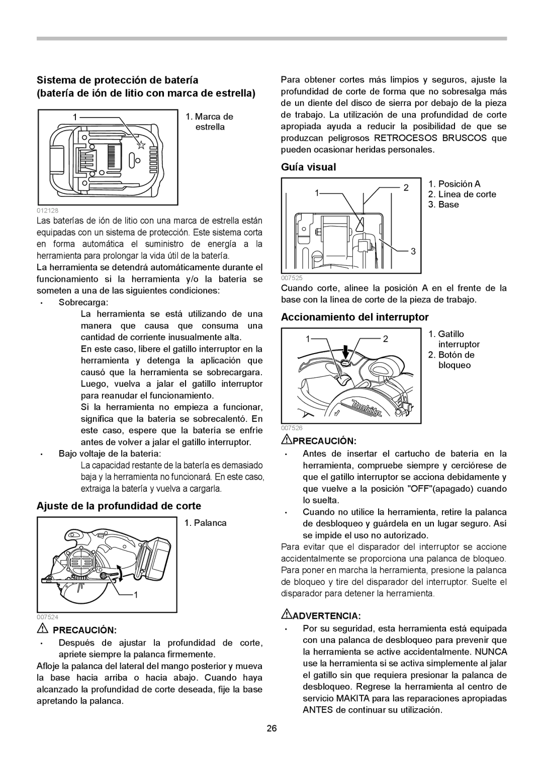 Makita XSC01Z, XSC01M Guía visual, Ajuste de la profundidad de corte, Accionamiento del interruptor, Advertencia 