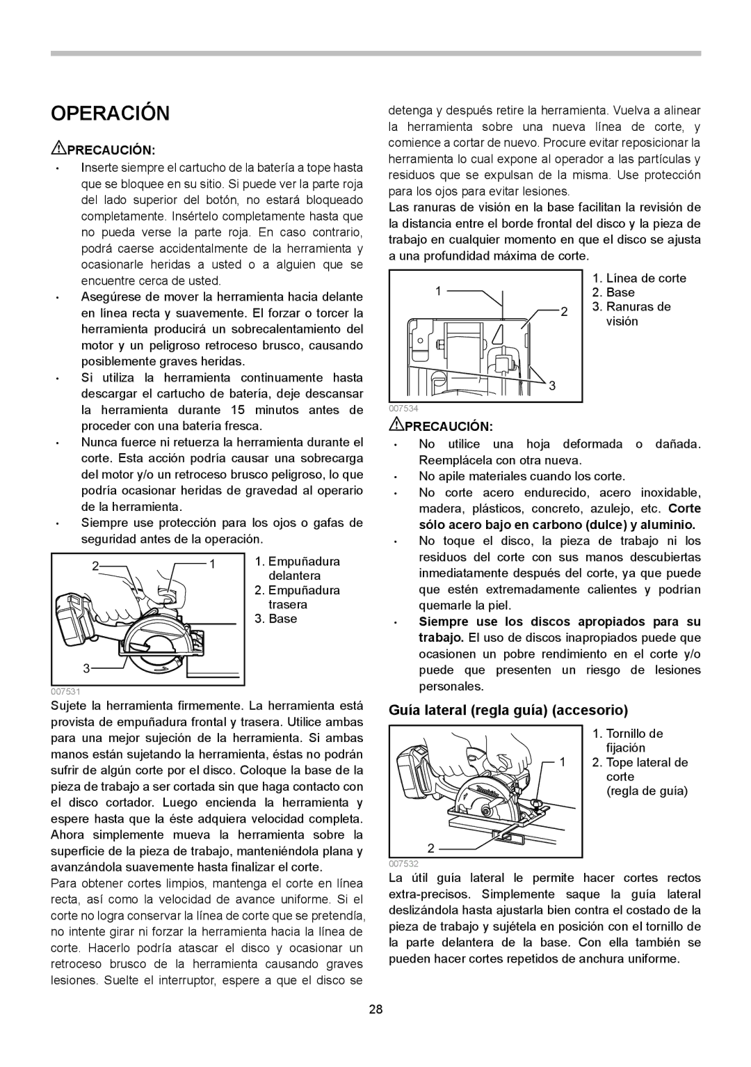 Makita XSC01Z, XSC01M instruction manual Operación, Guía lateral regla guía accesorio 