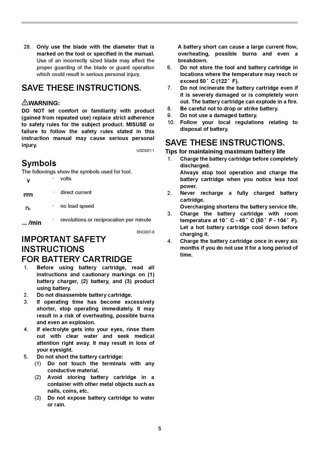 Makita XSC01M, XSC01Z Important Safety Instructions For Battery Cartridge, Tips for maintaining maximum battery life 