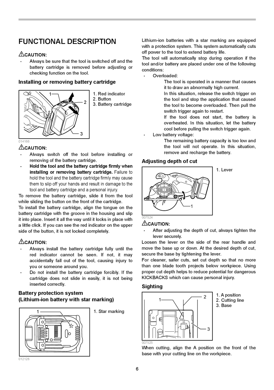 Makita XSC01Z, XSC01M Functional Description, Installing or removing battery cartridge, Adjusting depth of cut, Sighting 