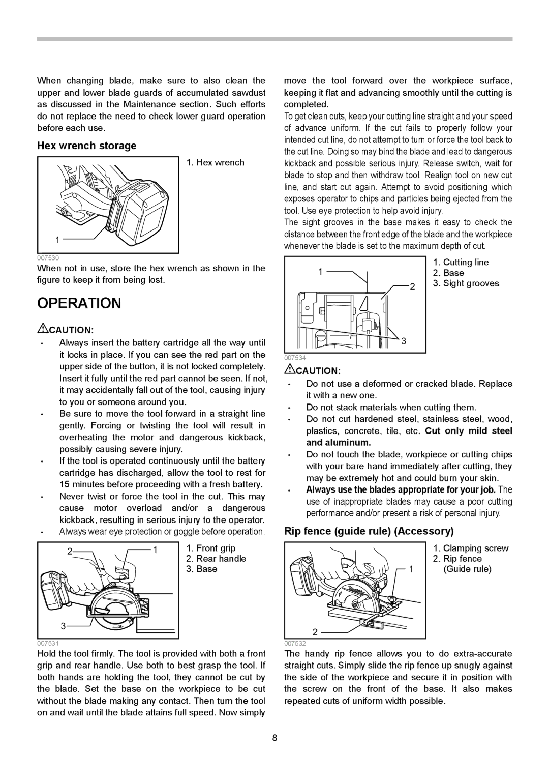 Makita XSC01Z, XSC01M instruction manual Operation, Hex wrench storage, Rip fence guide rule Accessory 