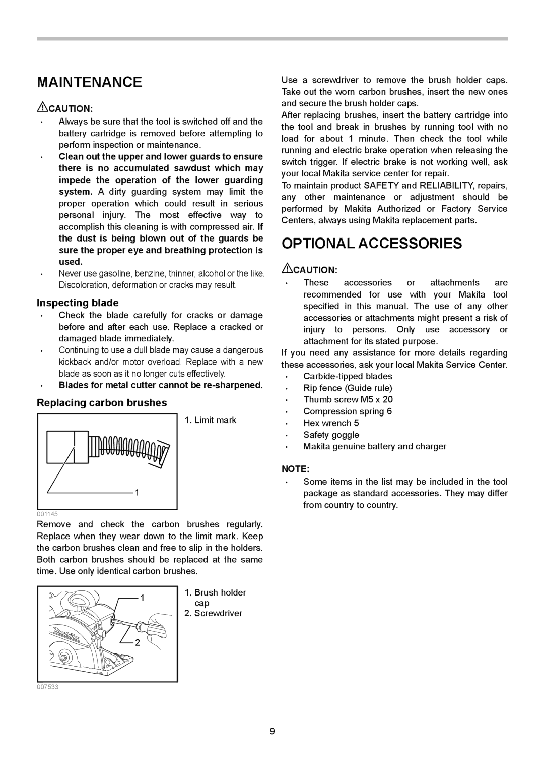 Makita XSC01M, XSC01Z instruction manual Maintenance, Optional Accessories, Inspecting blade, Replacing carbon brushes 