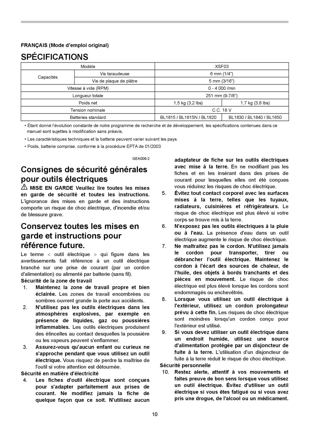 Makita XSF03Z, XSF03M instruction manual Spécifications, Français Mode d’emploi original, Sécurité personnelle 