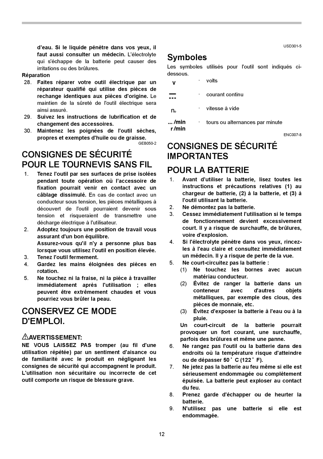 Makita XSF03Z, XSF03M instruction manual Conservez CE Mode Demploi, Consignes DE Sécurité Importantes Pour LA Batterie 