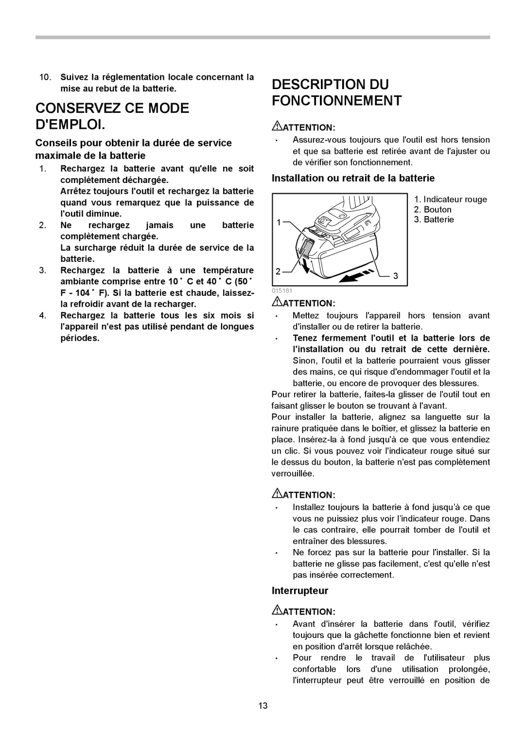 Makita XSF03M, XSF03Z instruction manual Description DU Fonctionnement, Installation ou retrait de la batterie, Interrupteur 