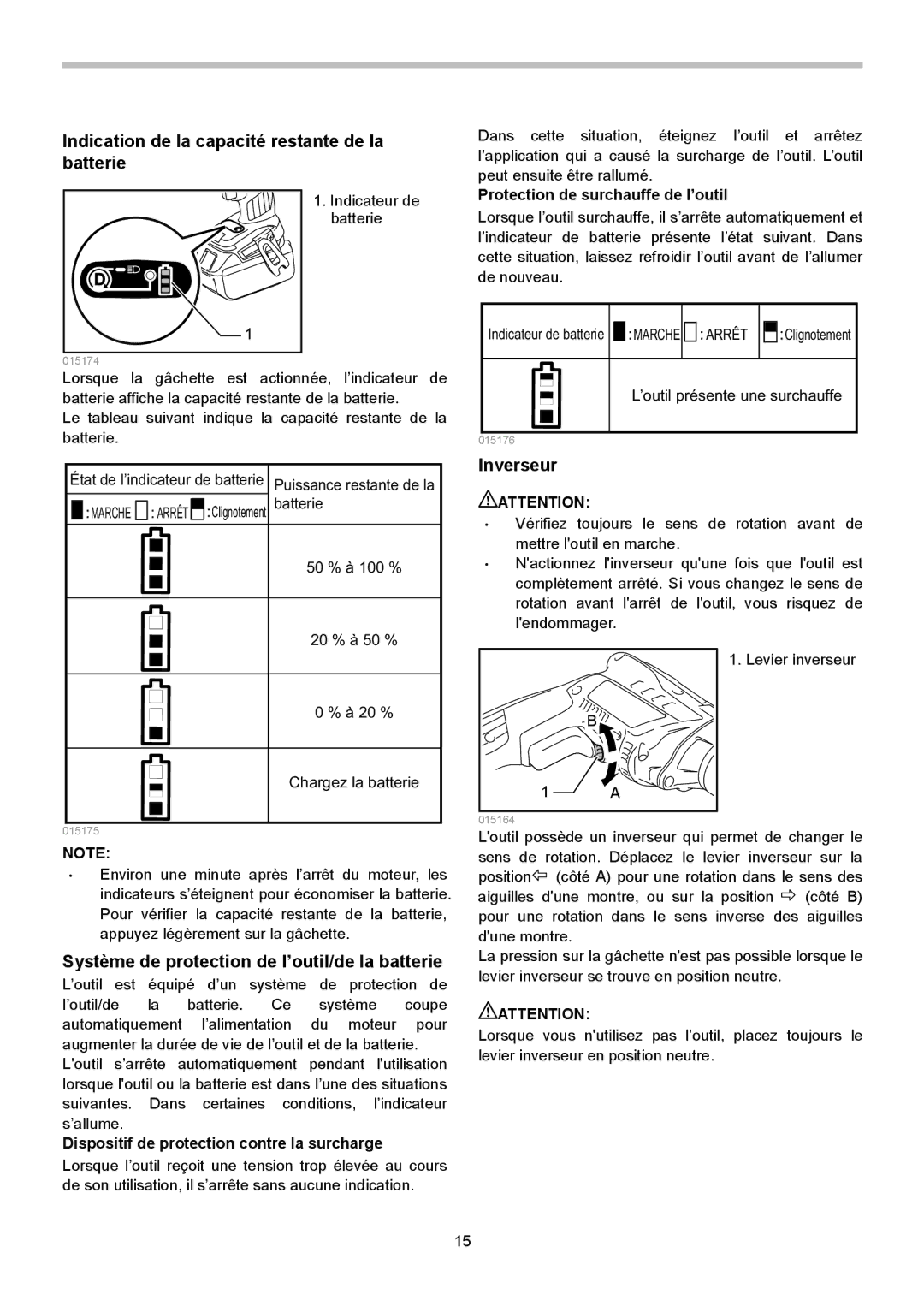 Makita XSF03M Indication de la capacité restante de la batterie, Inverseur, Dispositif de protection contre la surcharge 