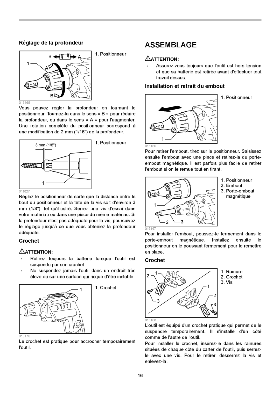 Makita XSF03Z, XSF03M instruction manual Assemblage, Réglage de la profondeur, Crochet, Installation et retrait du embout 