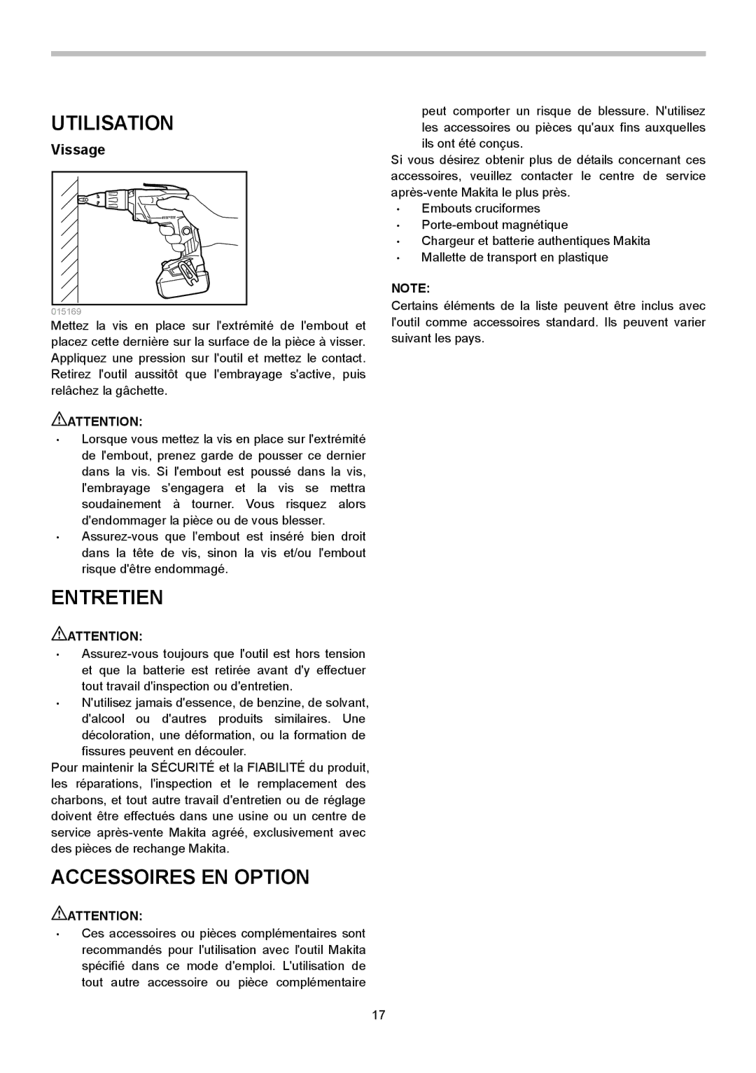 Makita XSF03M, XSF03Z instruction manual Utilisation, Entretien, Accessoires EN Option, Vissage 