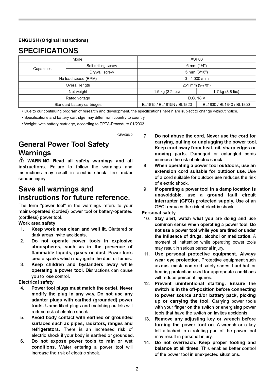 Makita XSF03Z, XSF03M instruction manual Specifications, English Original instructions, Personal safety 