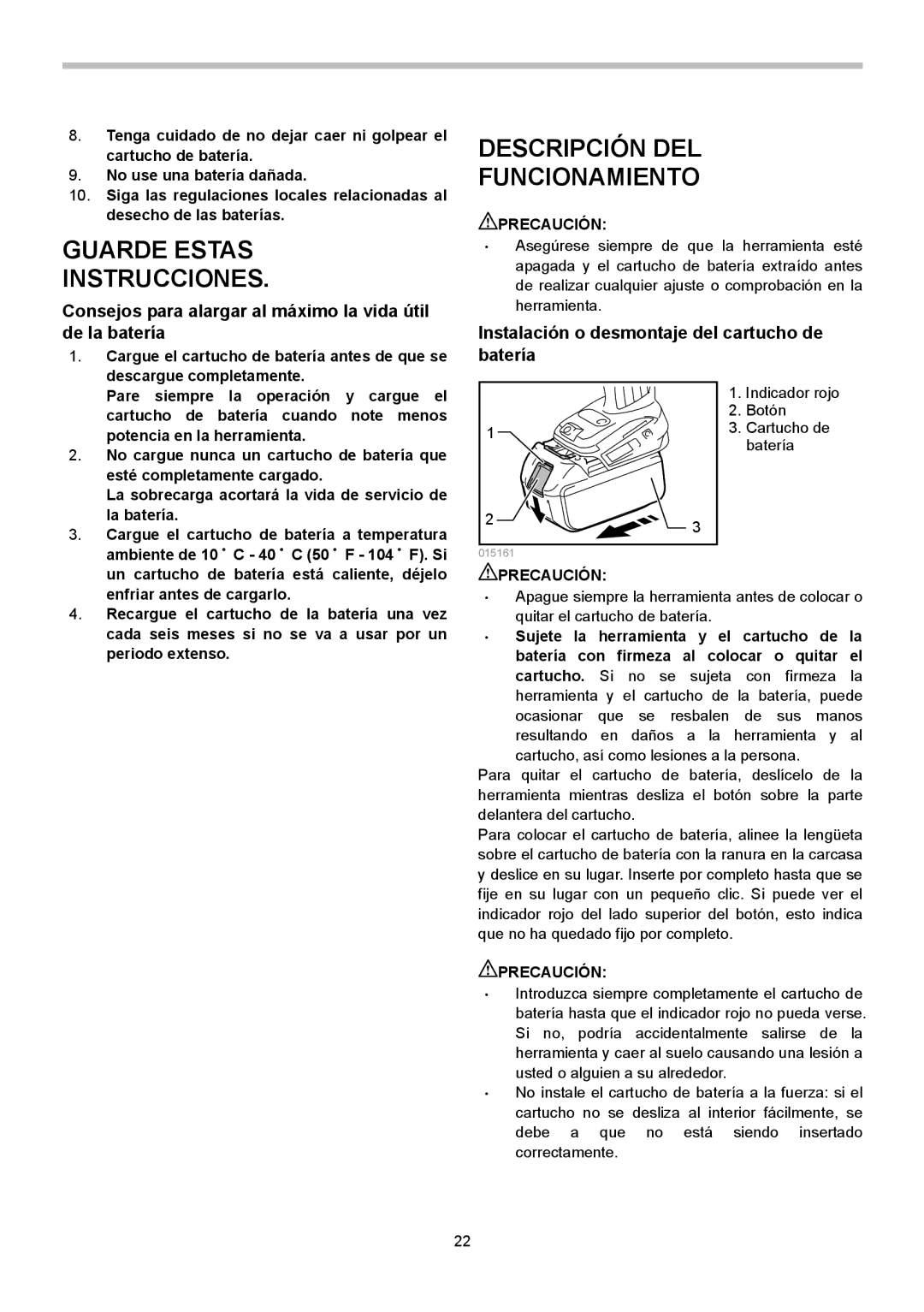 Makita XSF03Z, XSF03M Descripción DEL Funcionamiento, Consejos para alargar al máximo la vida útil de la batería 