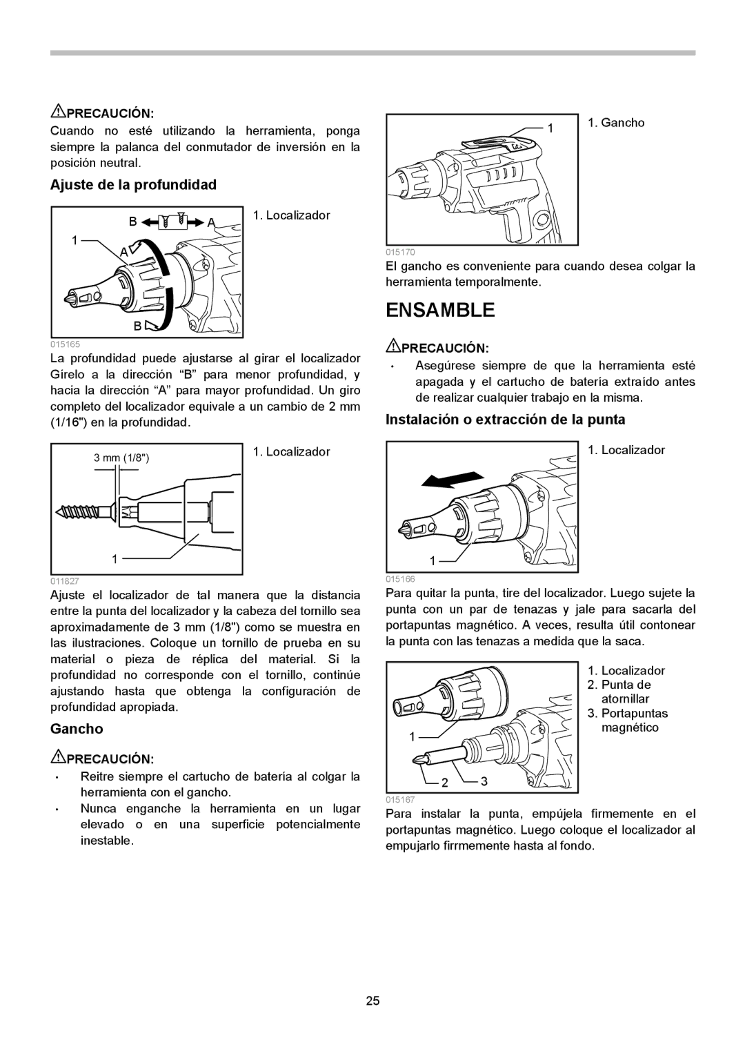 Makita XSF03M, XSF03Z instruction manual Ensamble, Ajuste de la profundidad, Gancho, Instalación o extracción de la punta 