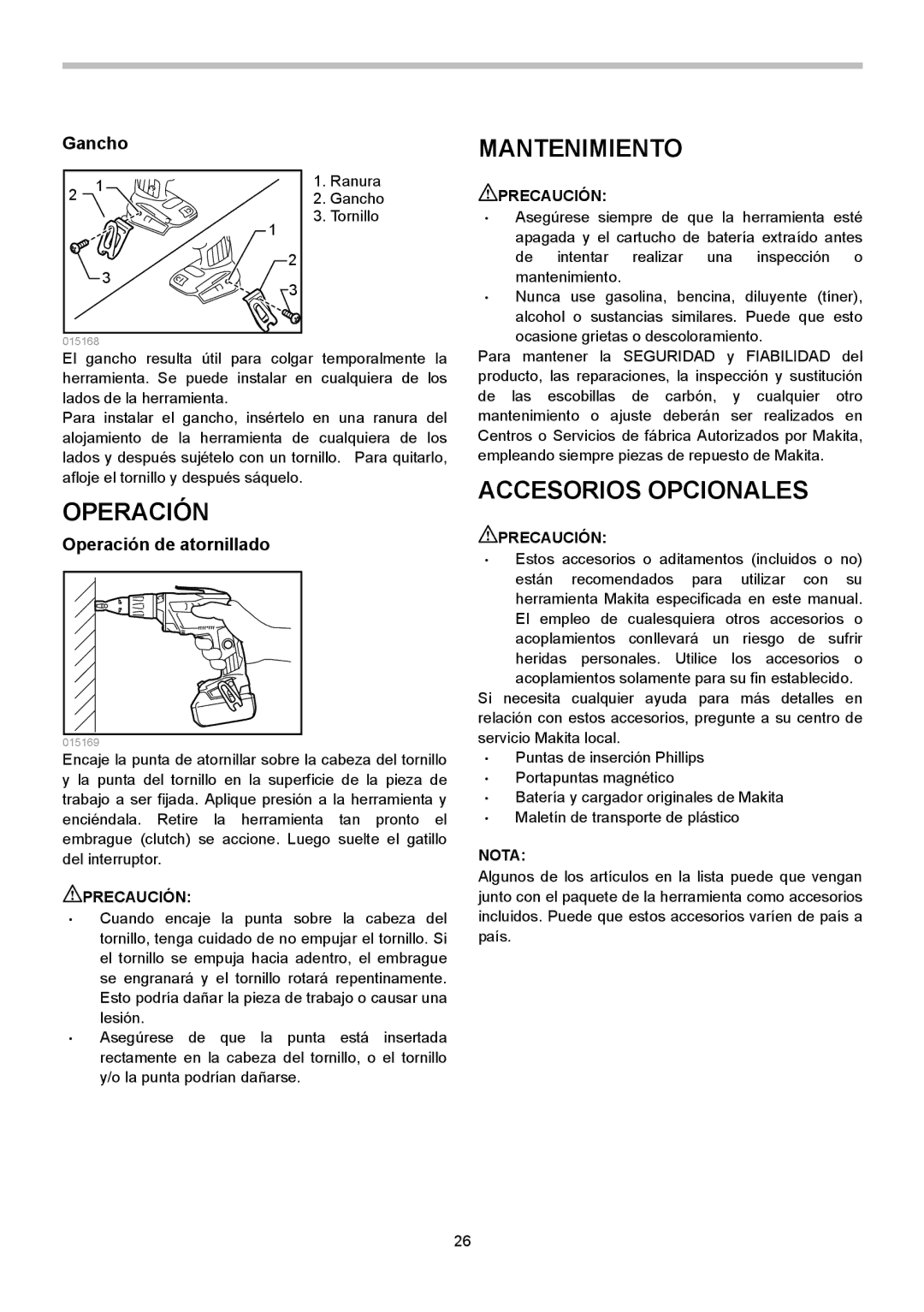 Makita XSF03Z, XSF03M instruction manual Mantenimiento, Accesorios Opcionales, Operación de atornillado 