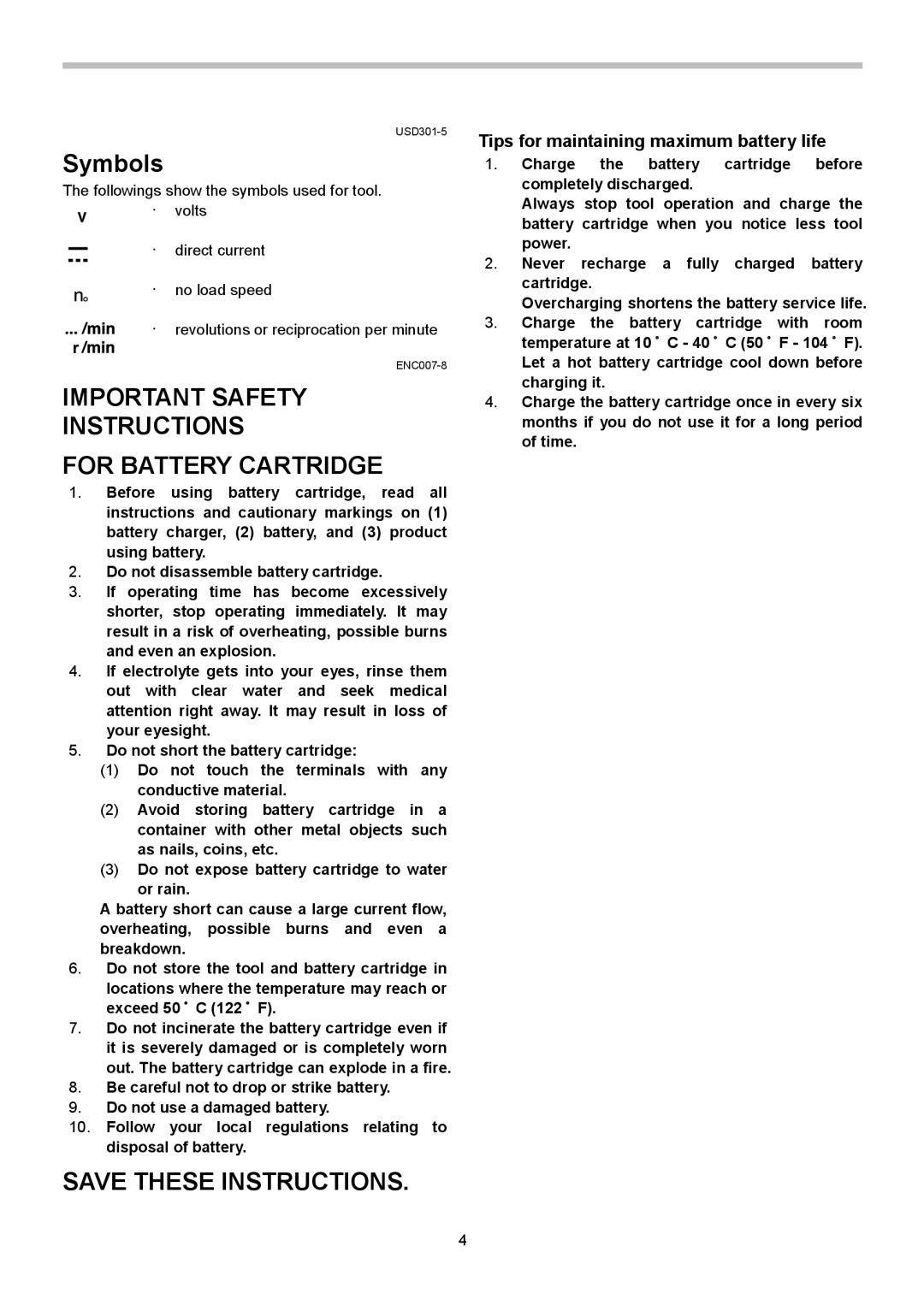 Makita XSF03Z, XSF03M Important Safety Instructions For Battery Cartridge, Tips for maintaining maximum battery life 