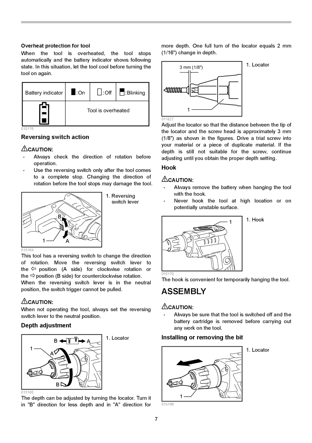 Makita XSF03M, XSF03Z Assembly, Reversing switch action, Depth adjustment, Hook, Installing or removing the bit 