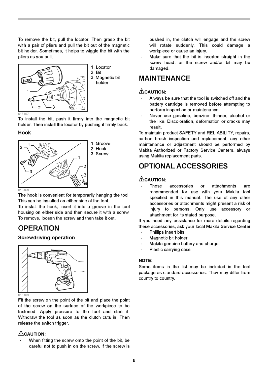 Makita XSF03Z, XSF03M instruction manual Operation, Maintenance, Optional Accessories, Screwdriving operation 