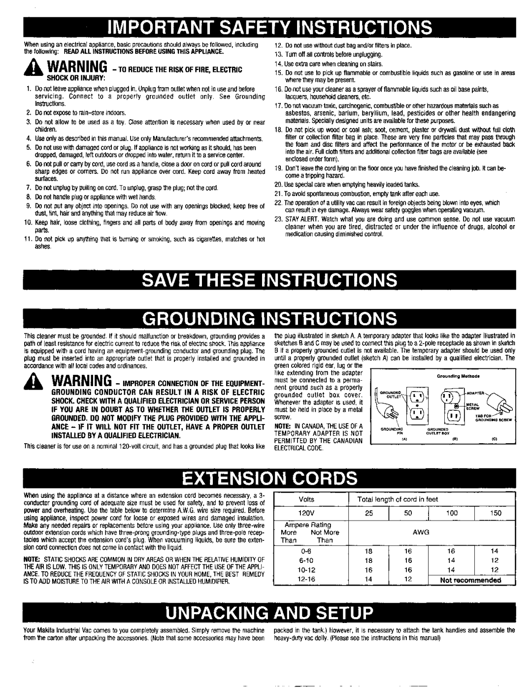 Makita XSV10 Shock or Injury, Installed by a Qualified Electrician, Temporary Adapter is not, Permitted by the Canadian 