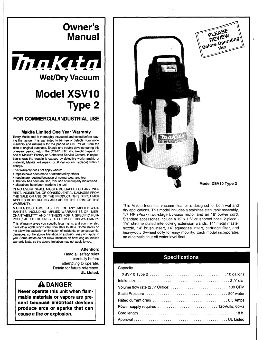 Makita warranty UL Listed, Model XSVlO Type, Model XSV10, Wet/Dry Vacuum, A Danger, For Commerciaundustrialuse 