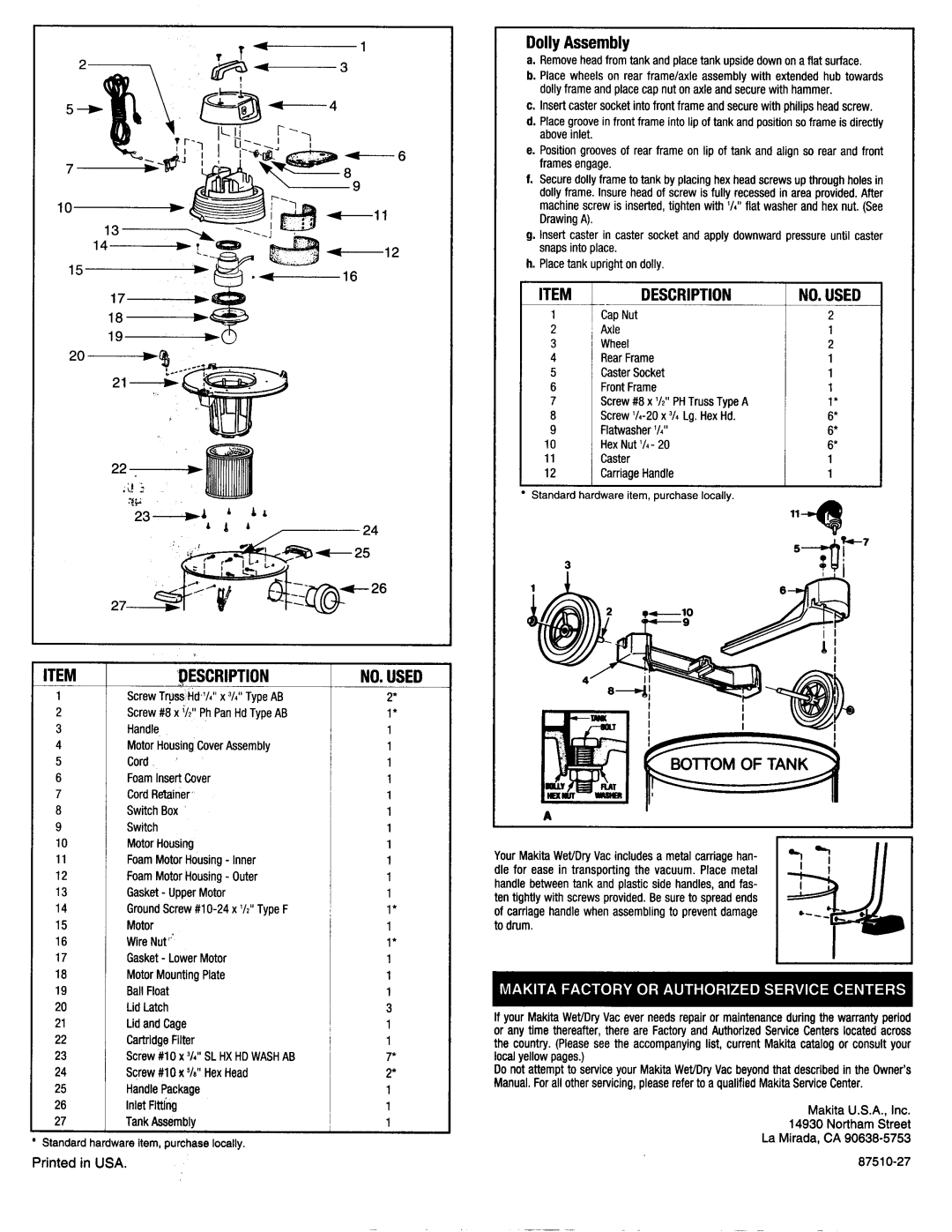 Makita XSV10 warranty No. Used, L - F, Pescription, Dolly Assembly, Description 