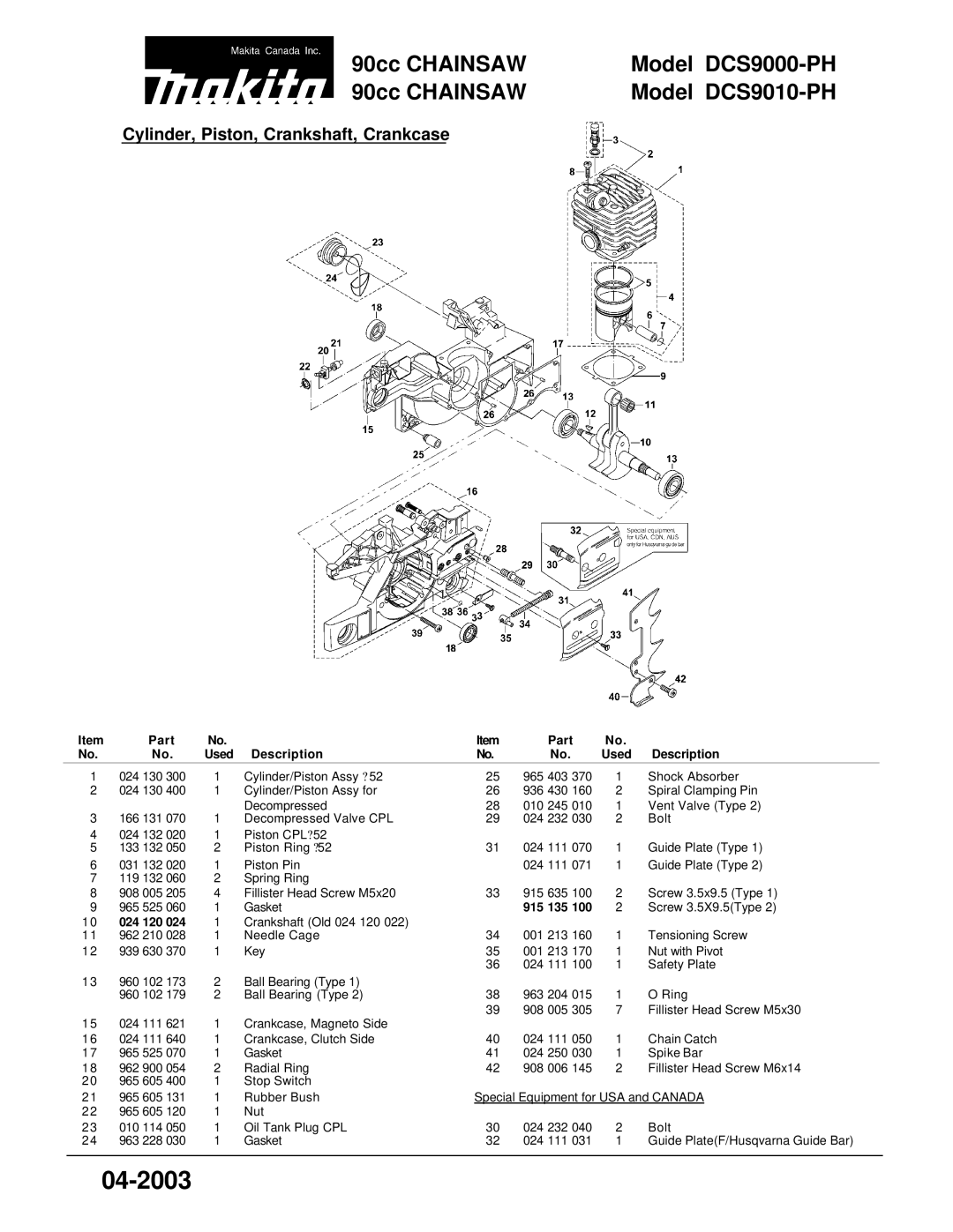 Makita ZISP480DXSS manual Cylinder, Piston, Crankshaft, Crankcase, Part, Description Used, 915 135, 024 120 