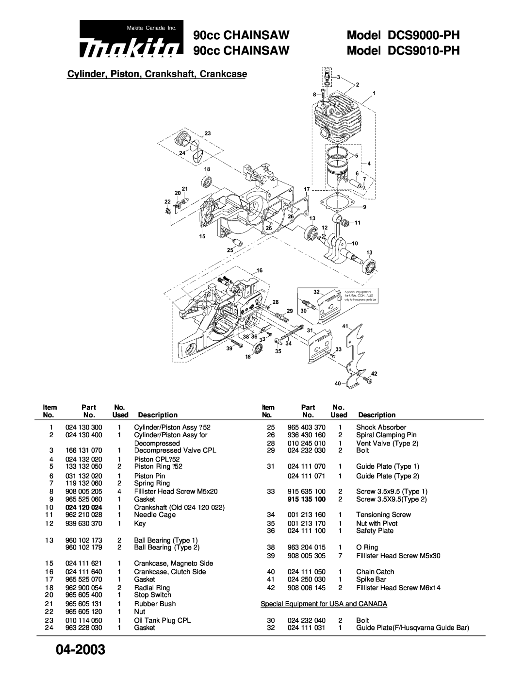 Makita ZISP480DXSS manual Cylinder, Piston, Crankshaft, Crankcase, 04-2003, 90cc CHAINSAW, Model, DCS9000-PH, DCS9010-PH 