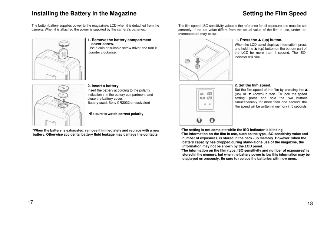 Mamiya 211125, 645 AF manual Installing the Battery in the Magazine, Setting the Film Speed 