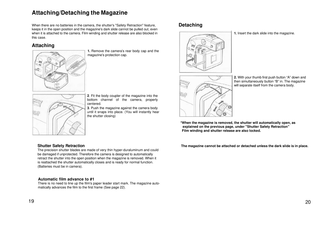 Mamiya 645 AF, 211125 manual Attaching/Detaching the Magazine, Shutter Safety Retraction, Automatic film advance to #1 