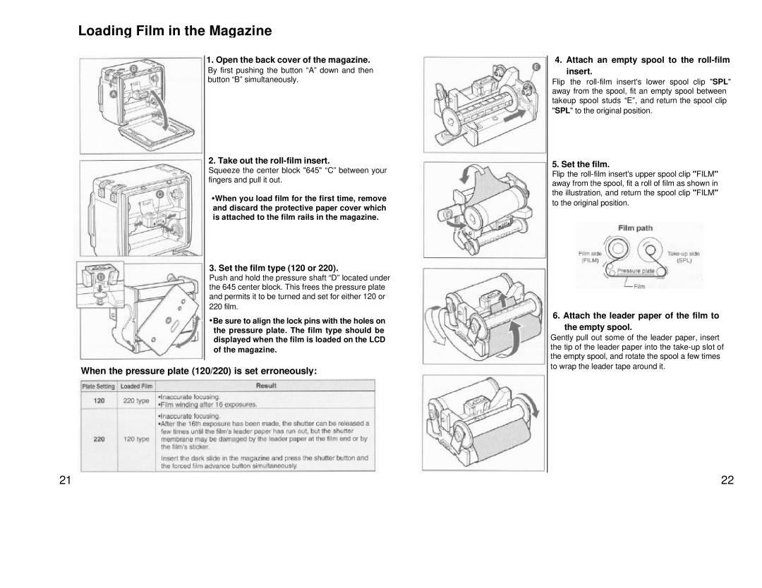 Mamiya 211125, 645 AF manual Loading Film in the Magazine, When the pressure plate 120/220 is set erroneously 