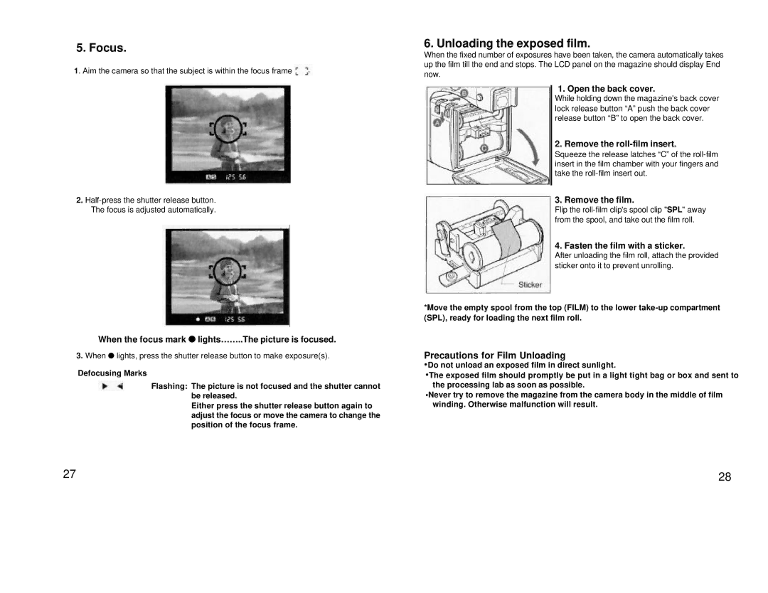 Mamiya 645 AF, 211125 manual Focus, Unloading the exposed film, Precautions for Film Unloading 