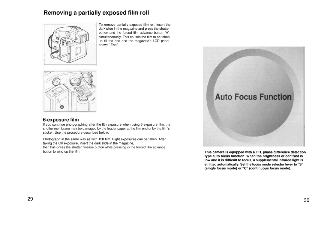Mamiya 211125, 645 AF manual Removing a partially exposed film roll, Exposure film 