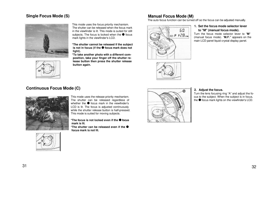 Mamiya 645 AF, 211125 manual Single Focus Mode S, Manual Focus Mode M, Continuous Focus Mode C, Adjust the focus 