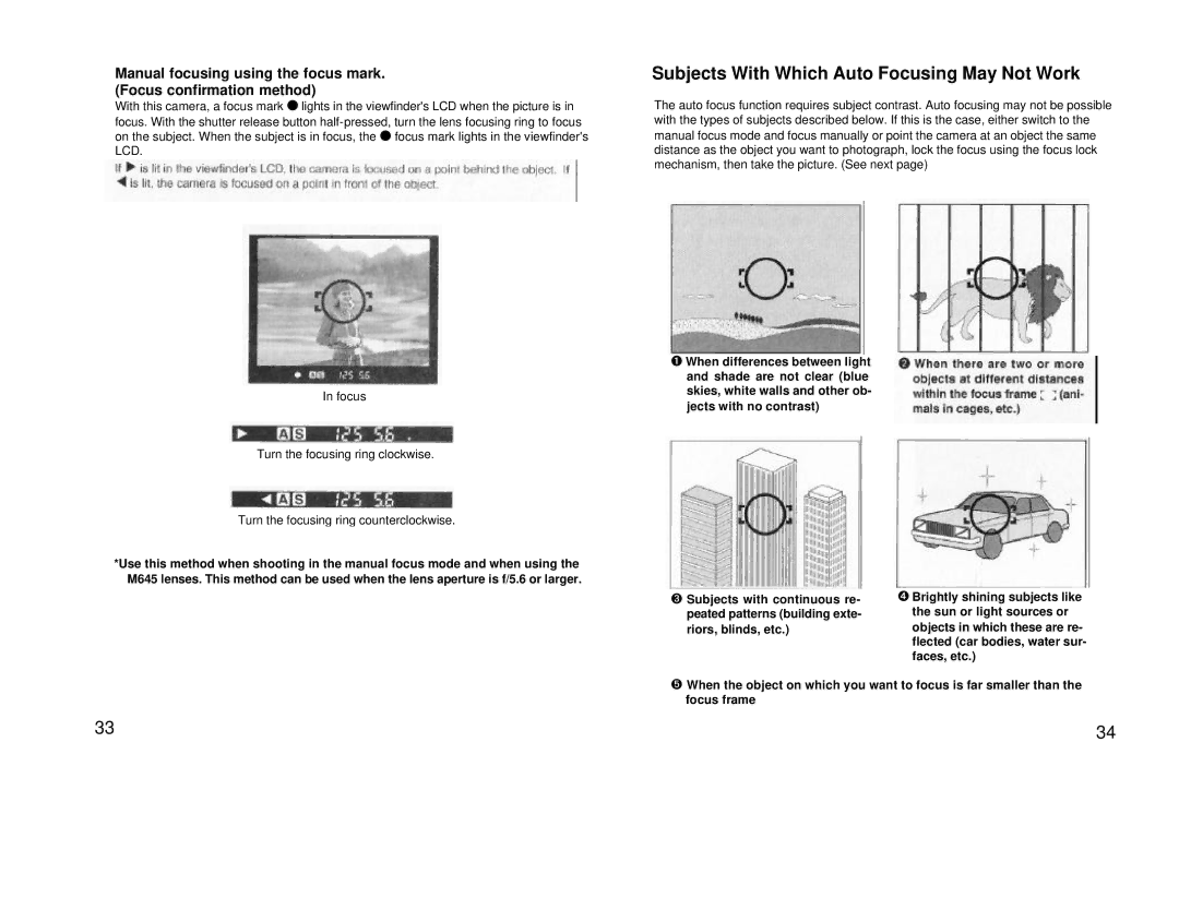 Mamiya 211125, 645 AF manual Subjects With Which Auto Focusing May Not Work 