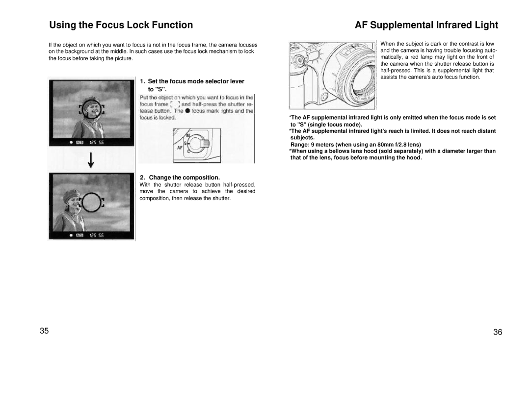 Mamiya 645 AF, 211125 manual Using the Focus Lock Function, AF Supplemental Infrared Light 