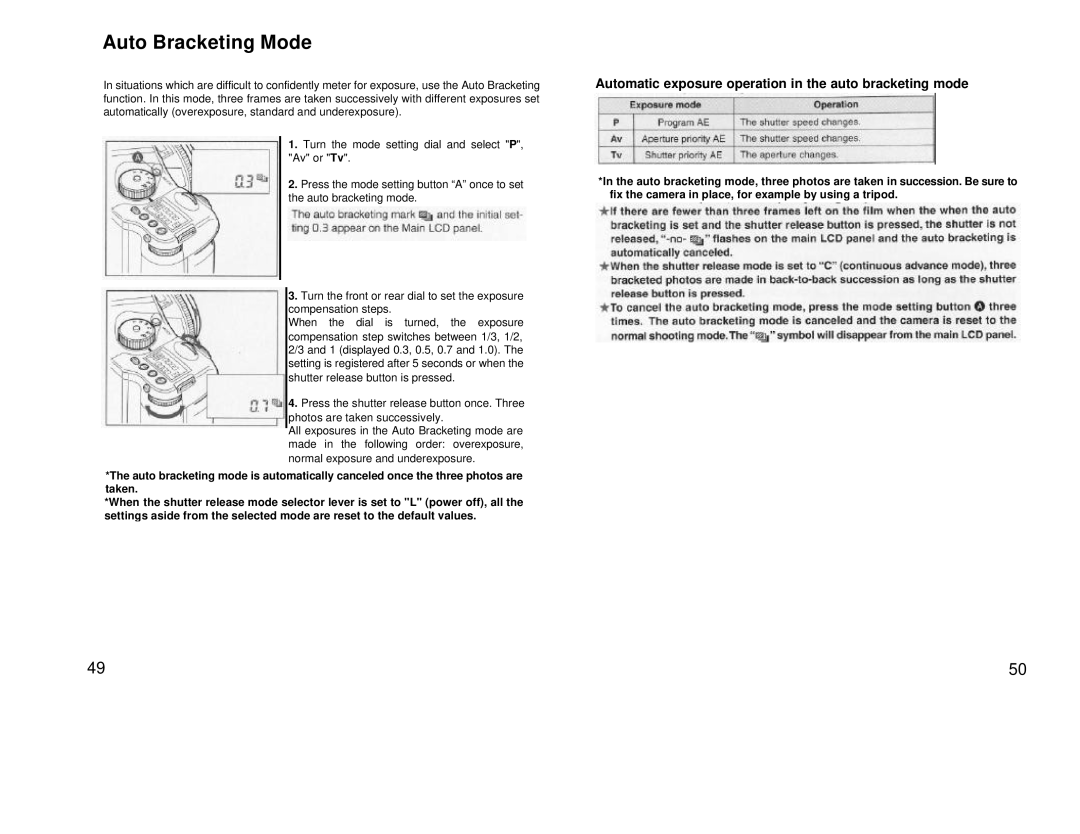 Mamiya 211125, 645 AF manual Auto Bracketing Mode, Automatic exposure operation in the auto bracketing mode 