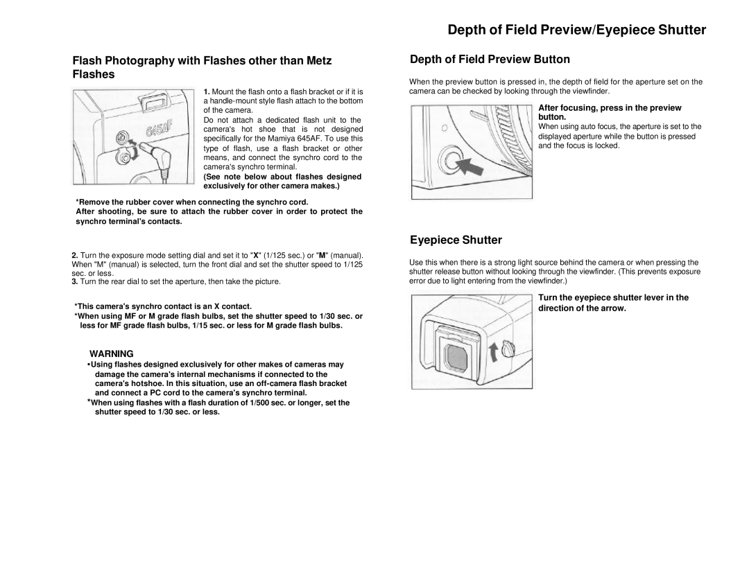 Mamiya 211125, 645 AF manual Depth of Field Preview/Eyepiece Shutter, Flash Photography with Flashes other than Metz 